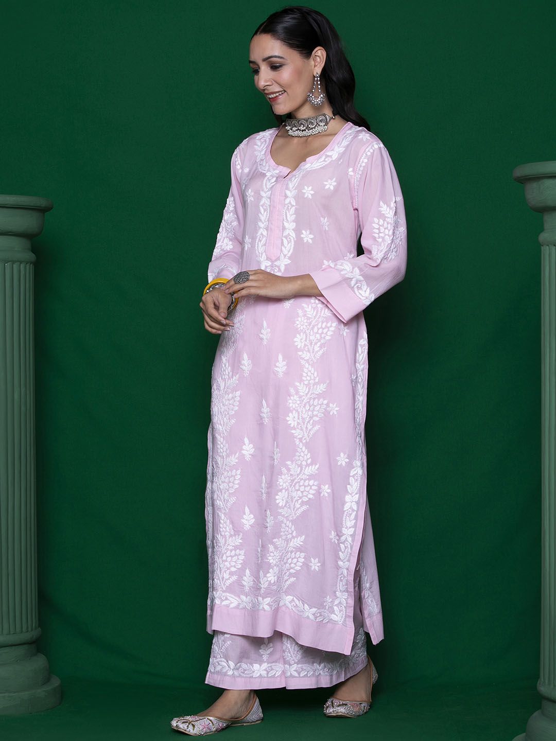 House of Chikankari Women Pink Modal Chikankari Embroidered Kurta Set