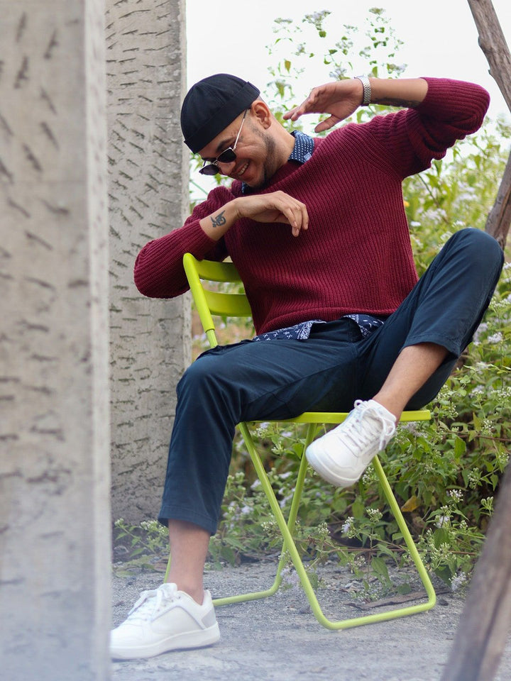 Mr Bowerbird Men Maroon Tailored Fit Solid Pullover