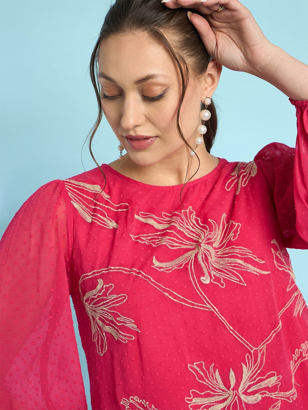 Antheaa Floral Embroidered Chiffon Top