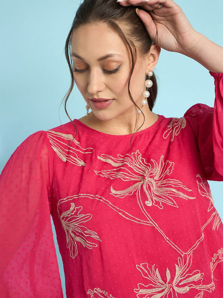 Antheaa Floral Embroidered Chiffon Top