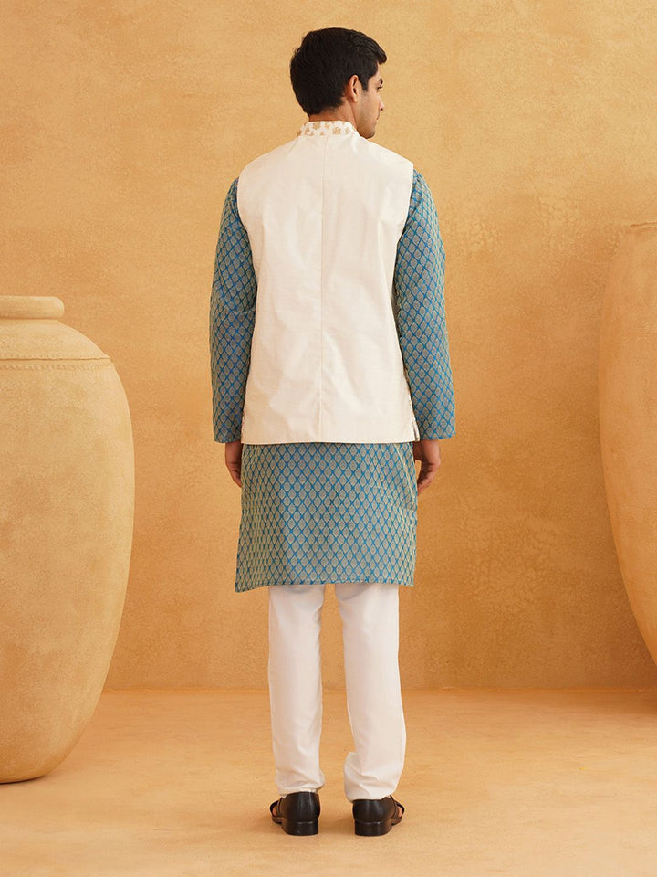 SOJANYA Mandarin Collar Ethnic Motif Woven Design Regular Kurta with Churidar