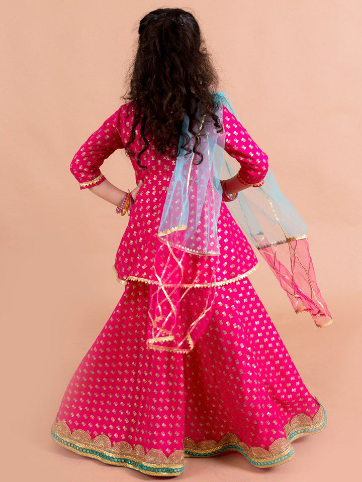 pspeaches Girls Magenta & Blue Printed Ready to Wear Lehenga & Blouse With Dupatta