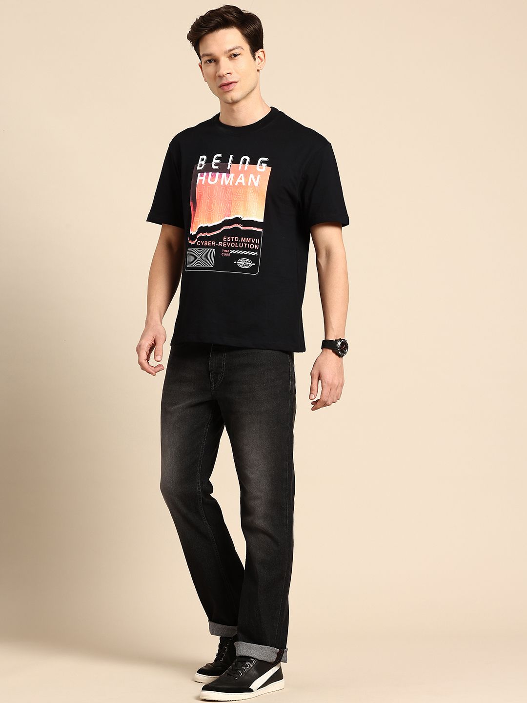 Being Human Pure Cotton Brand Logo Printed Relaxed Fit T-shirt