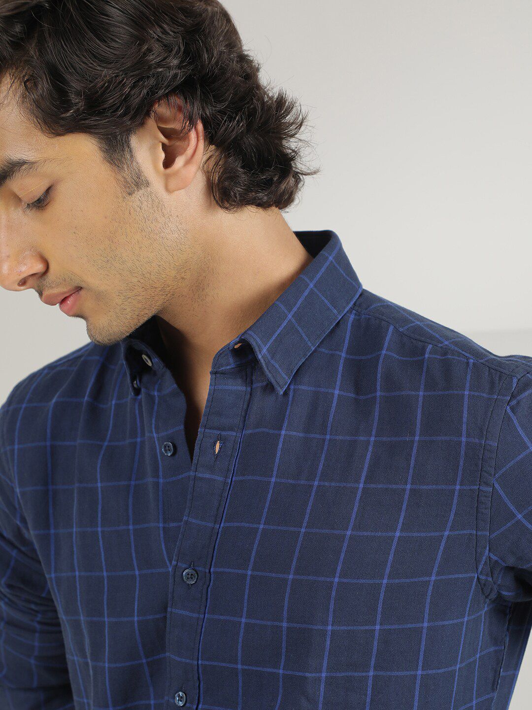 RARE RABBIT Men Clara Slim Fit Windowpane Checked Cotton Shirt