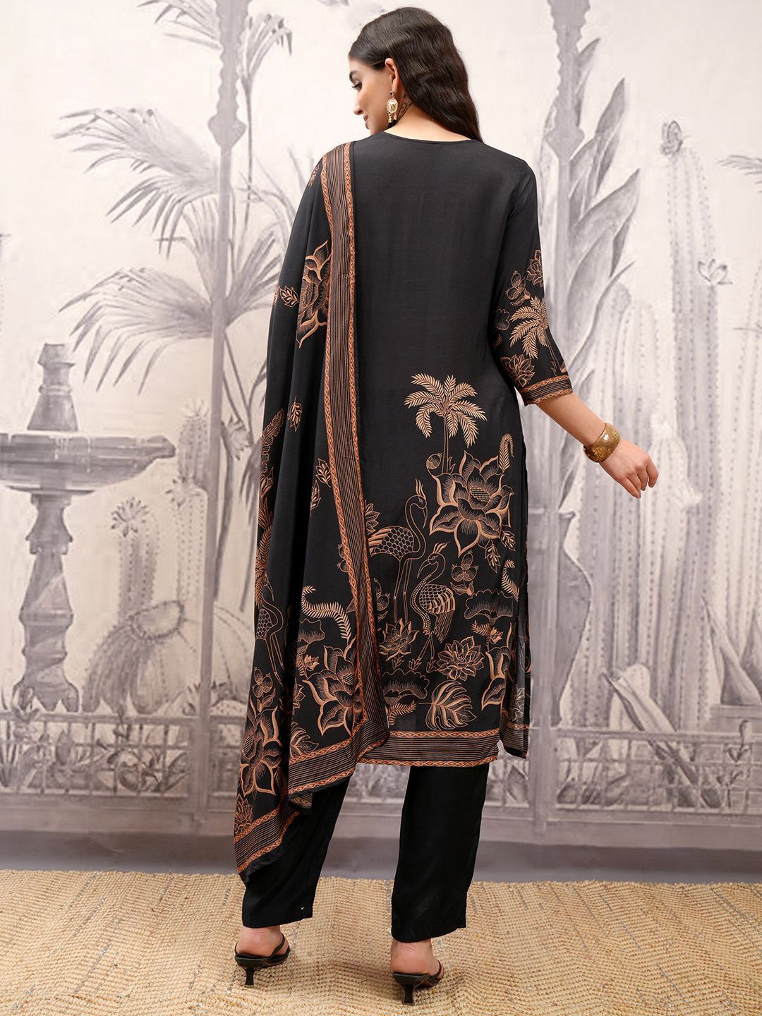 Vishudh Black Ethnic Motifs Printed Thread Work Regular Kurta with Trousers & Dupatta