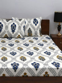 BOMBAY DYEING White Floral 160 TC Microfiber Double Queen Bedsheet With 2 Pillow Covers