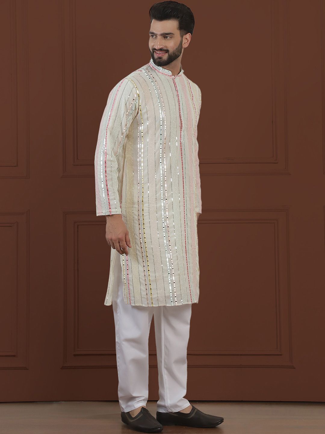 SOJANYA LUXE Cermin Bersulam Berjalur Kerja Kurta Lurus Dengan Pijama