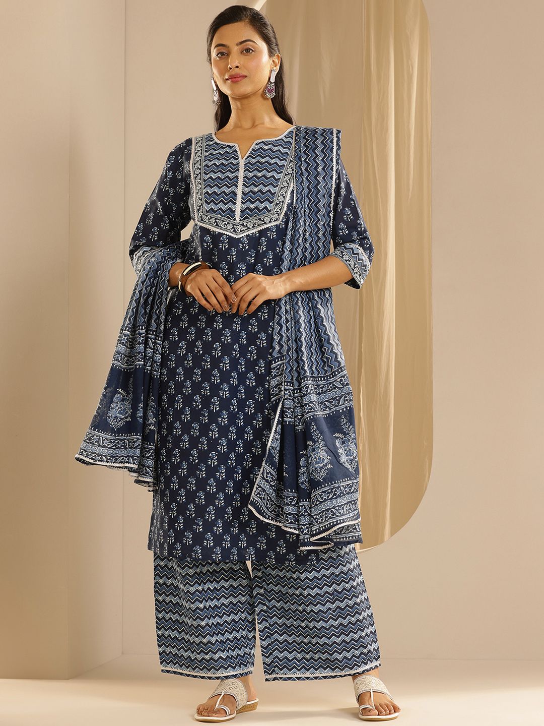 Libas Floral Printed Gotta Patti Pure Cotton Kurta with Palazzos & Dupatta
