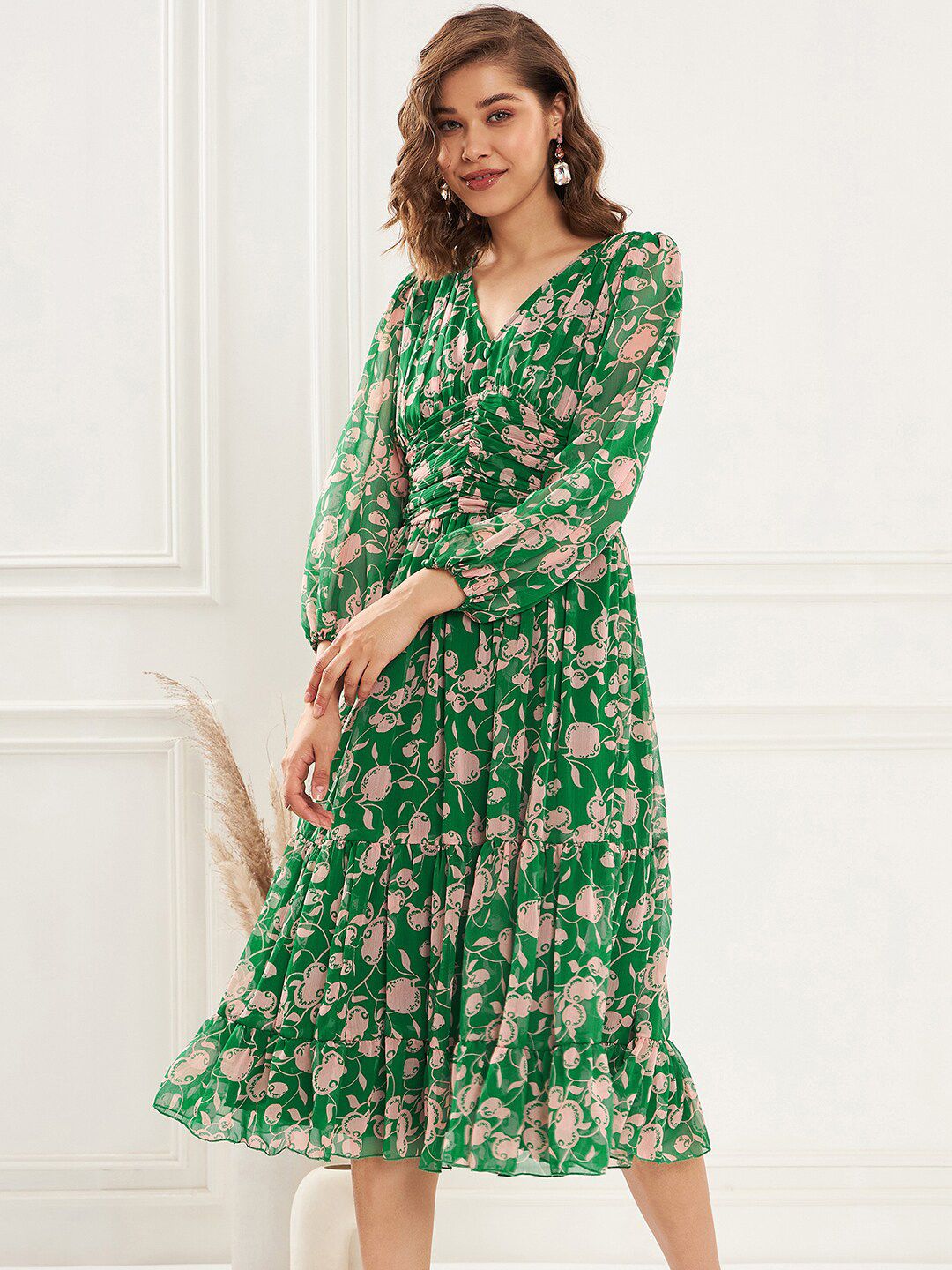 Antheaa Green Floral Printed V-Neck Puff Sleeve Pleated Tiered Fit & Flare Dress