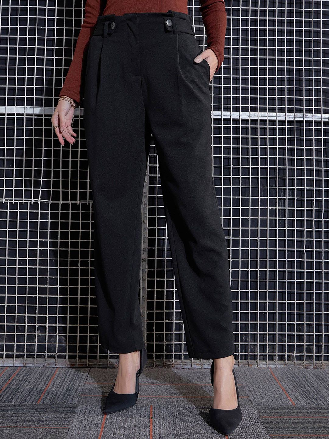 SASSAFRAS Women Black High-Rise Pleated Trousers