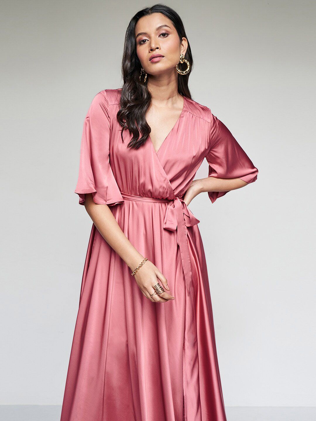 AND Flared Sleeves Belted Pleated Midi Wrap Dress