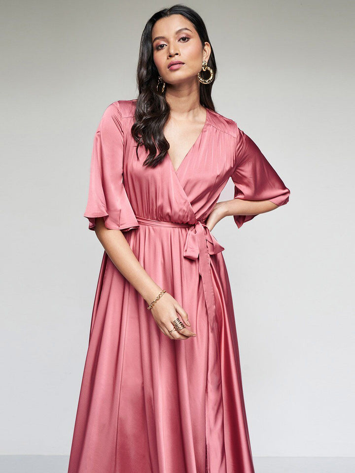 AND Flared Sleeves Belted Pleated Midi Wrap Dress