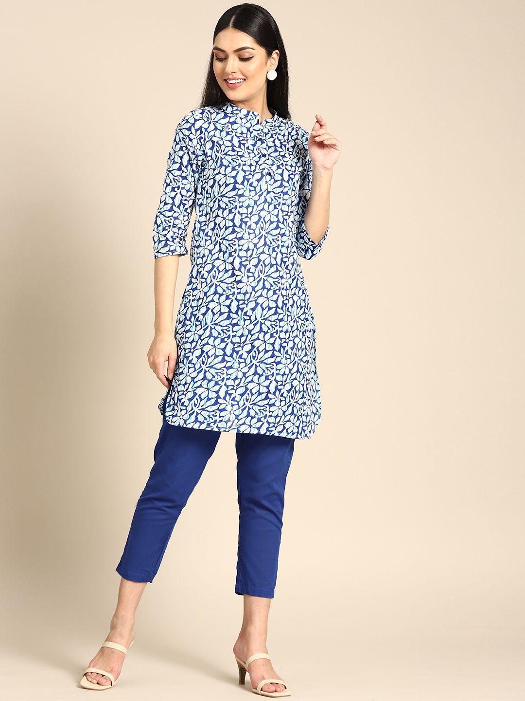 Anouk Women Blue Floral Printed Regular Pure Cotton Kurta with Trousers