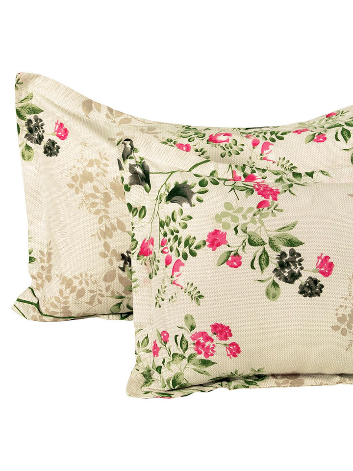 Story@home Ventura Cream Green Floral 144 TC Cotton Queen Bedsheet with 2 Pillow Covers