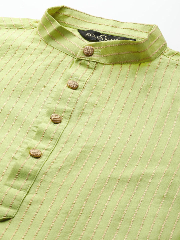 SOJANYA Men Green Striped Kurta with Pyjamas  & Nehru Jacket