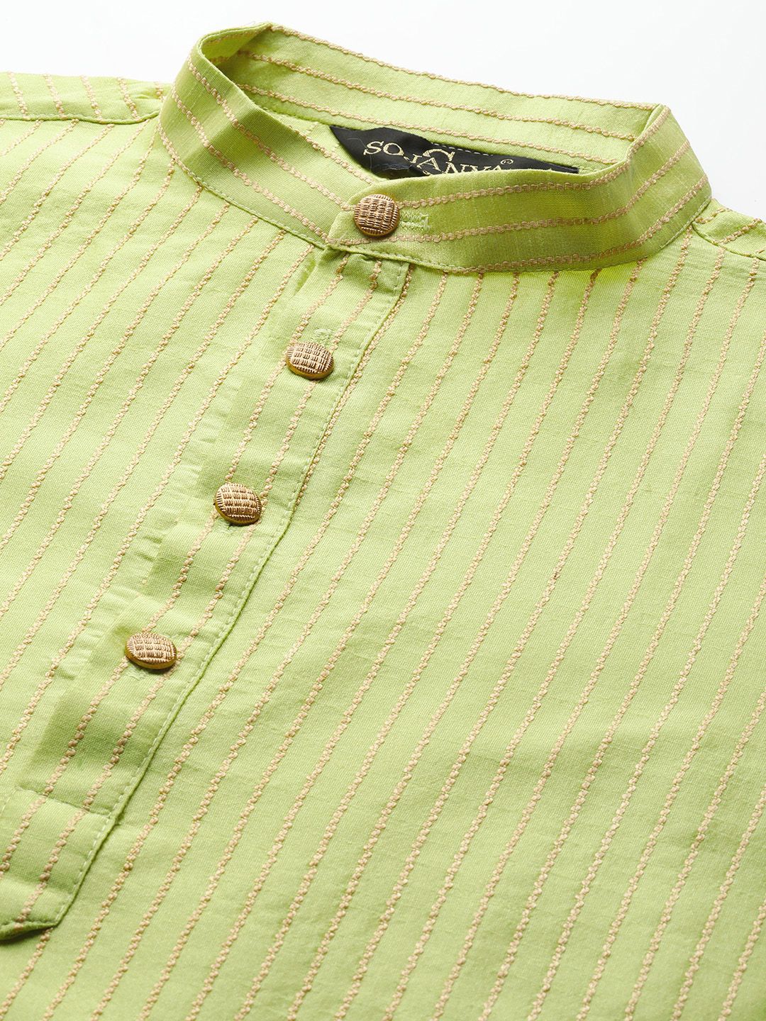SOJANYA Men Green Striped Kurta with Pyjamas  & Nehru Jacket