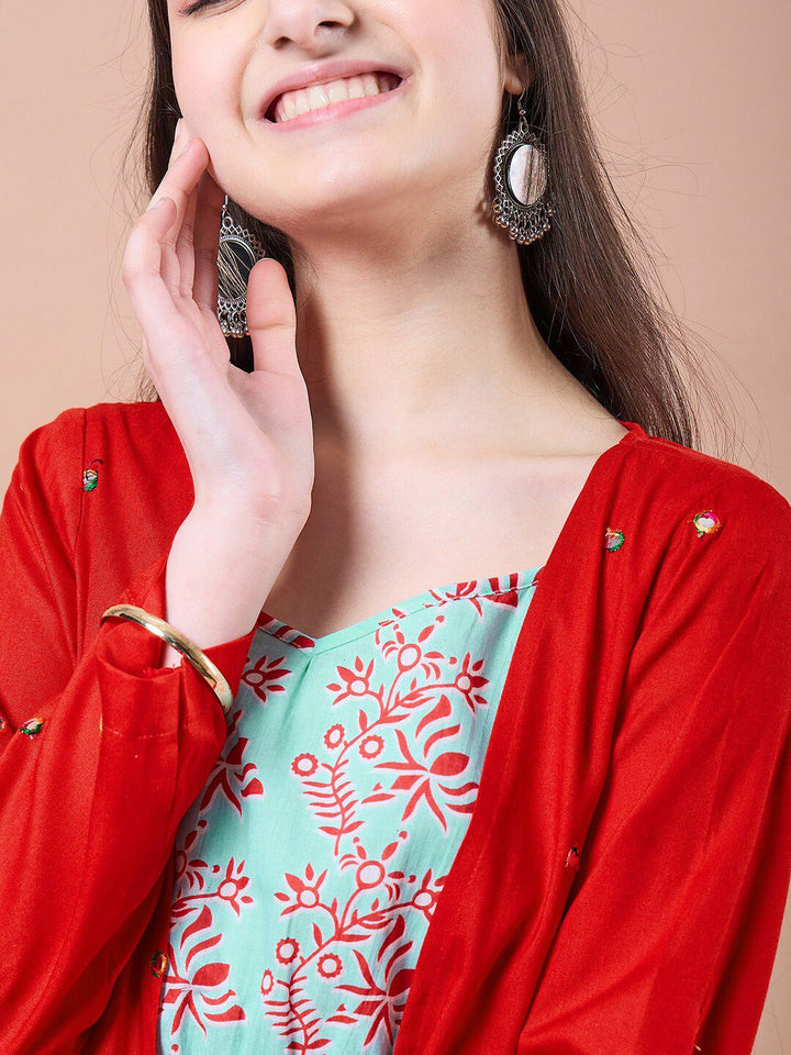 pspeaches Girls Ethnic Motifs Print Cotton Round Neck A-Line Midi Dress With Shrug