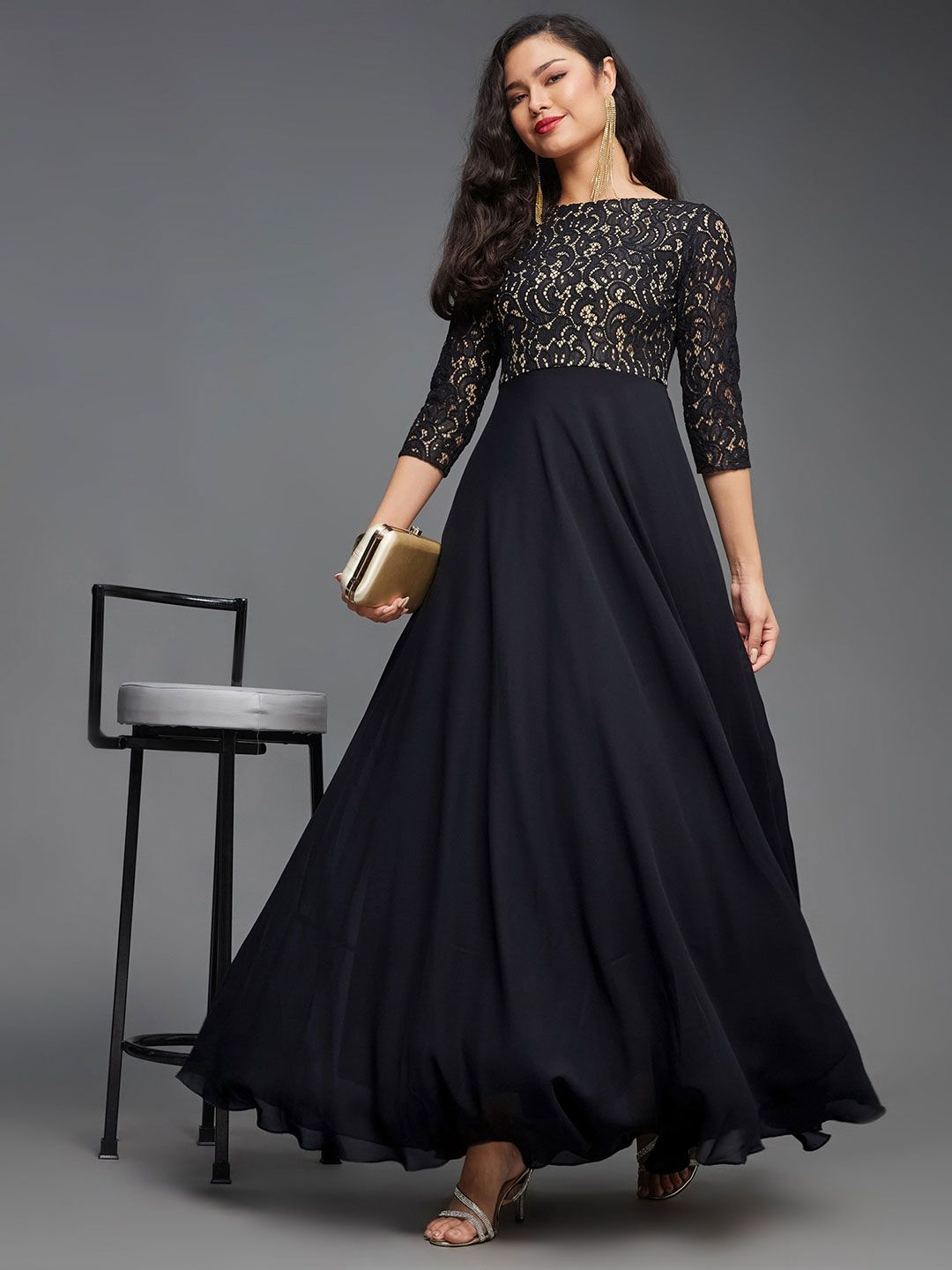 Miss Chase Wanita Reka Bentuk Diri Side Pocketed Georgette Fit and Flare Dress