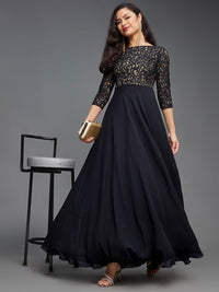 Miss Chase Women Self Design Side Pocketed Georgette Fit and Flare Dress