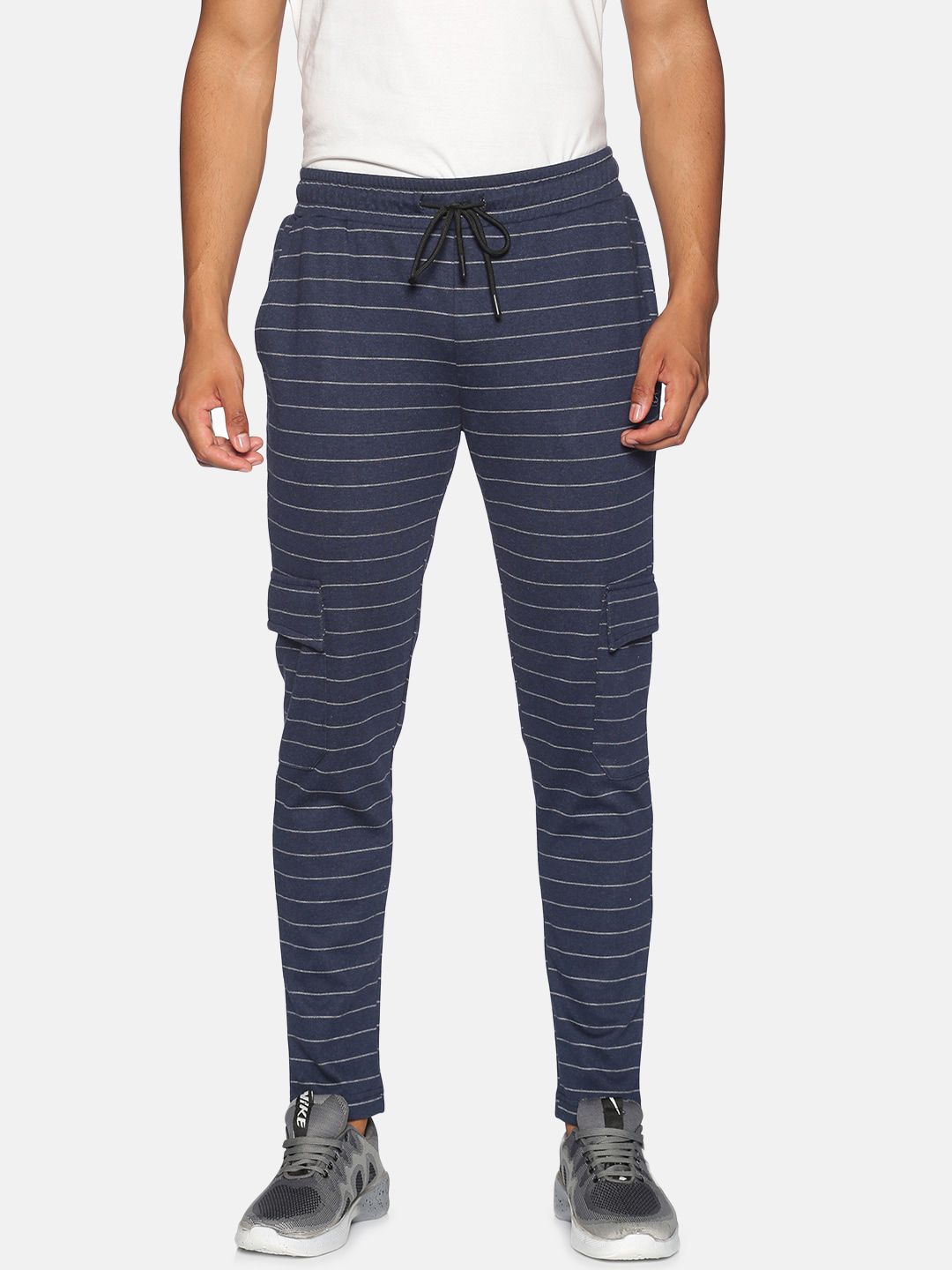 Campus Sutra Men Navy Blue & White Striped Straight-Fit Cotton Track Pants