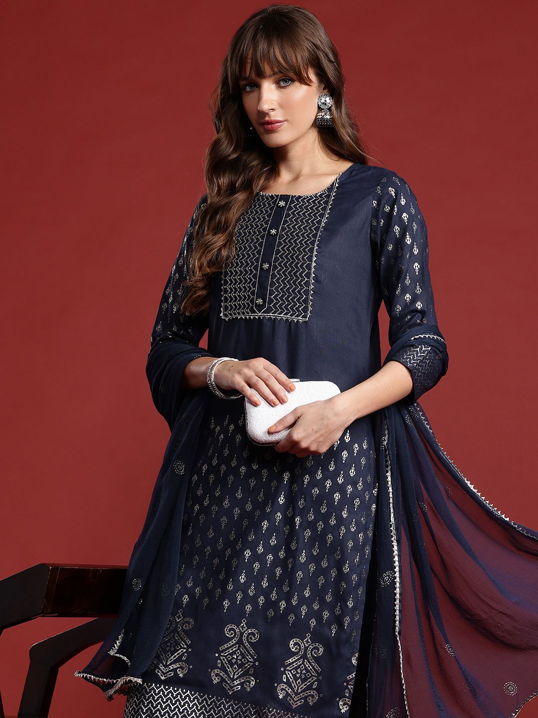 Anouk Foil Print Yoke Design Gotta Patti Kurta with Trousers & Dupatta