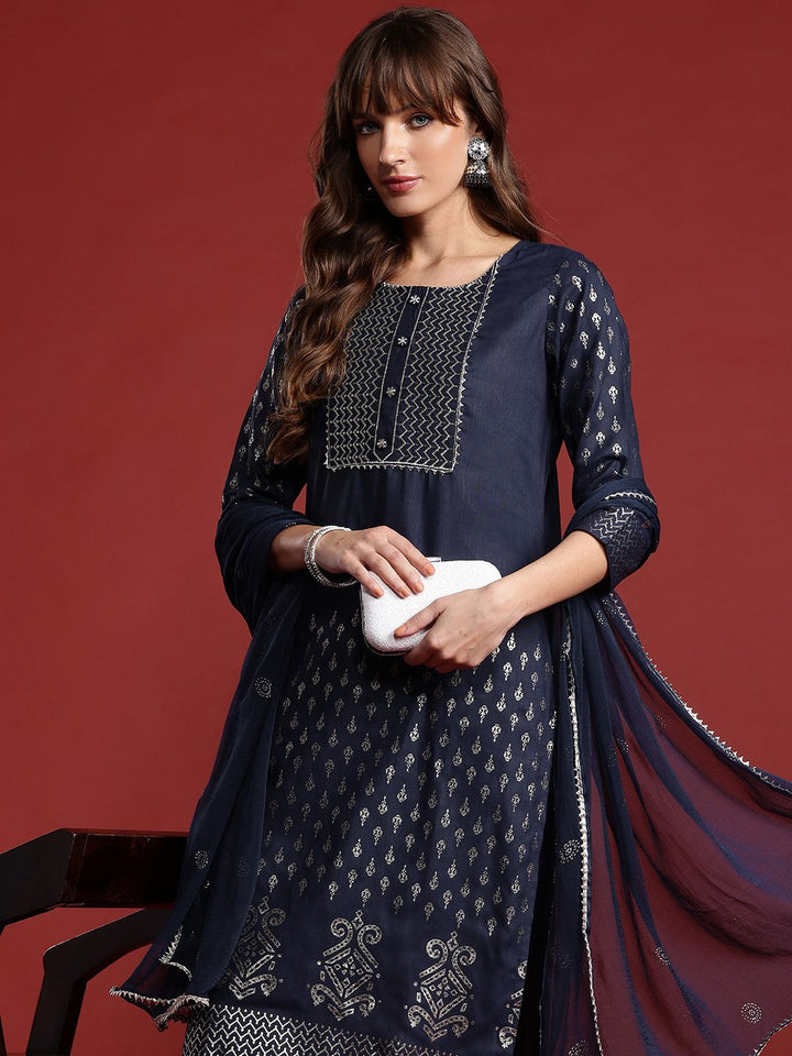 Anouk Foil Print Yoke Design Gotta Patti Kurta with Trousers & Dupatta