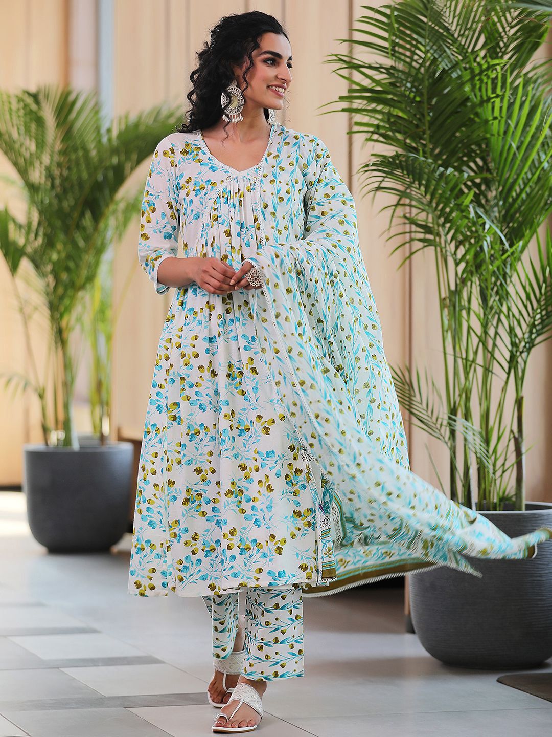 Libas V Neck Floral Printed Pleated Pure Cotton A Line Kurta with Palazzo & Dupatta