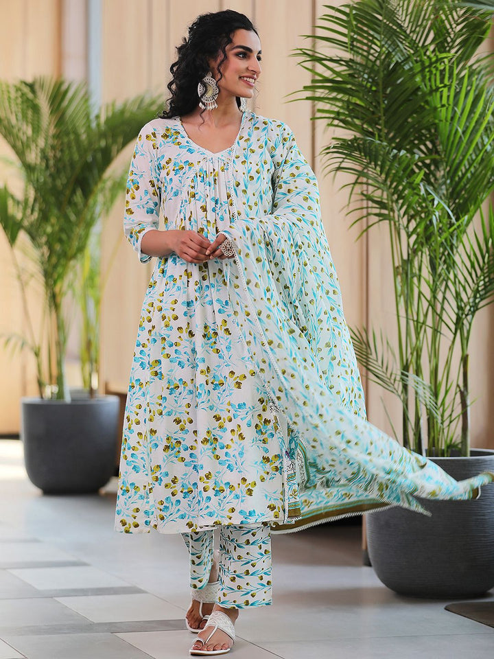 Libas V Neck Floral Printed Pleated Pure Cotton A Line Kurta with Palazzo & Dupatta