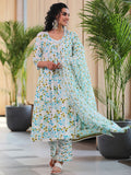 Libas V Neck Floral Printed Pleated Pure Cotton A Line Kurta with Palazzo & Dupatta