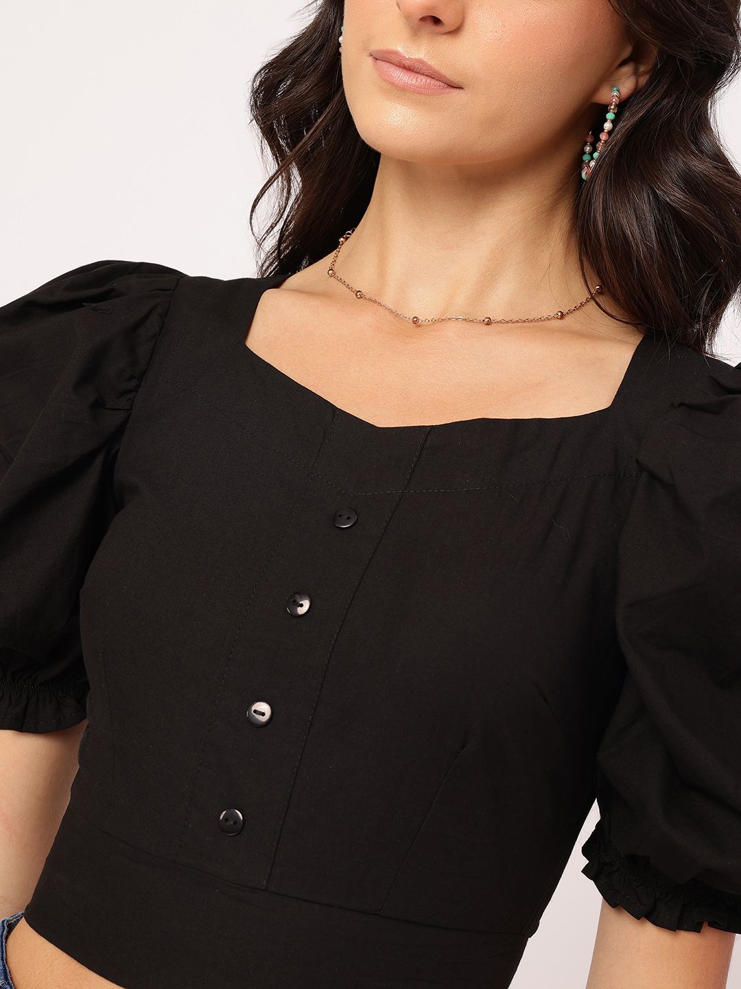 DressBerry Bubbly Basics Sweetheart Neck Puff Sleeves Crop Top