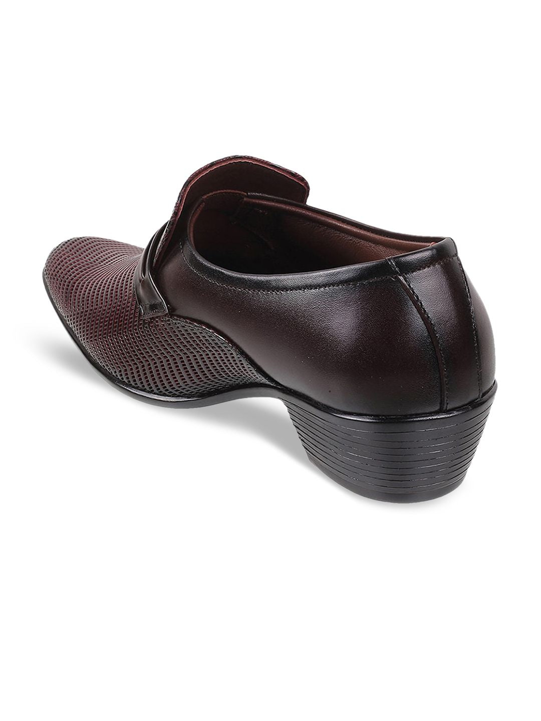 Metro Men Maroon Textured Leather Formal Slip-Ons
