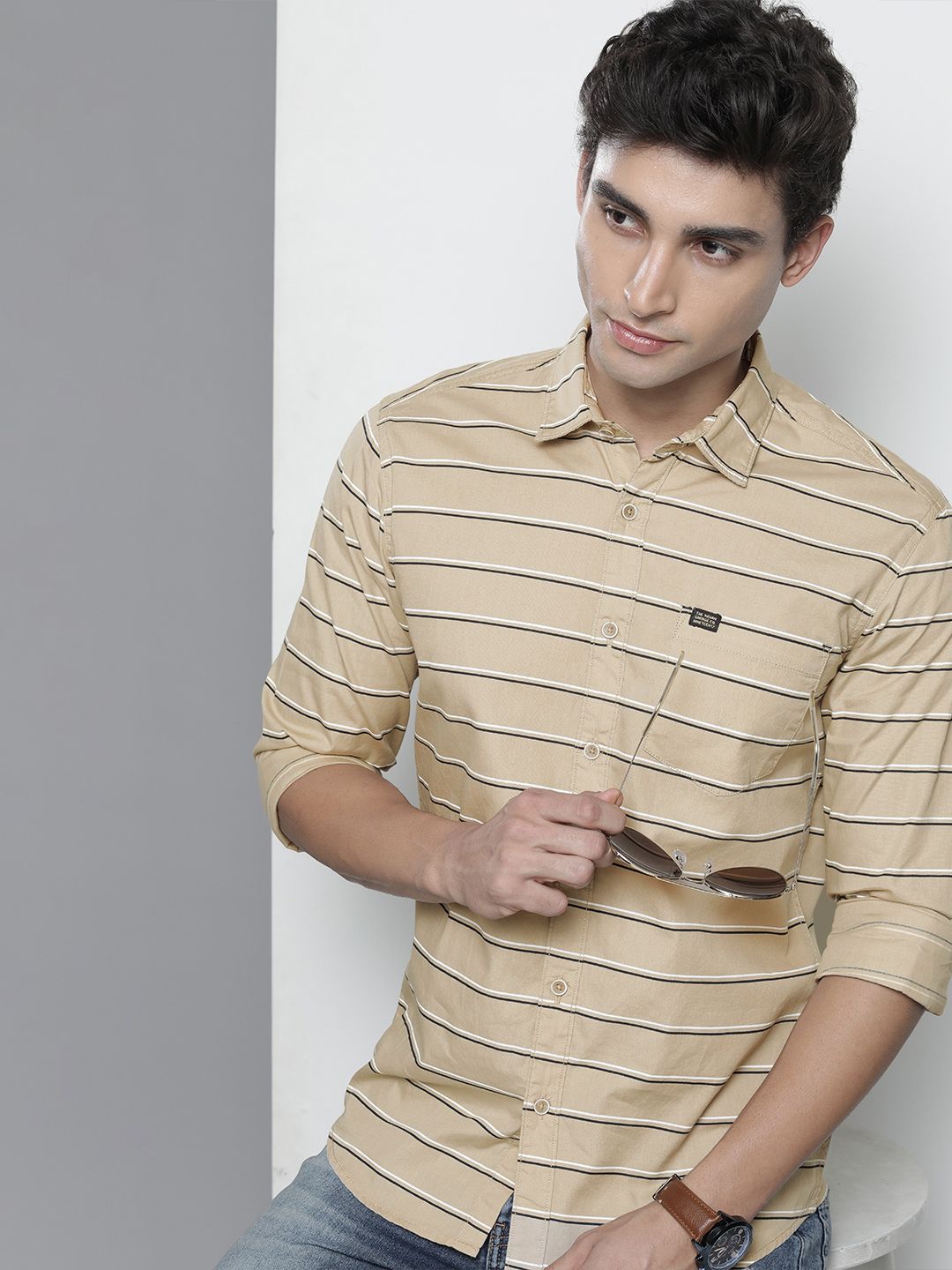 The Indian Garage Co Men Beige Horizontal Striped Casual Shirt