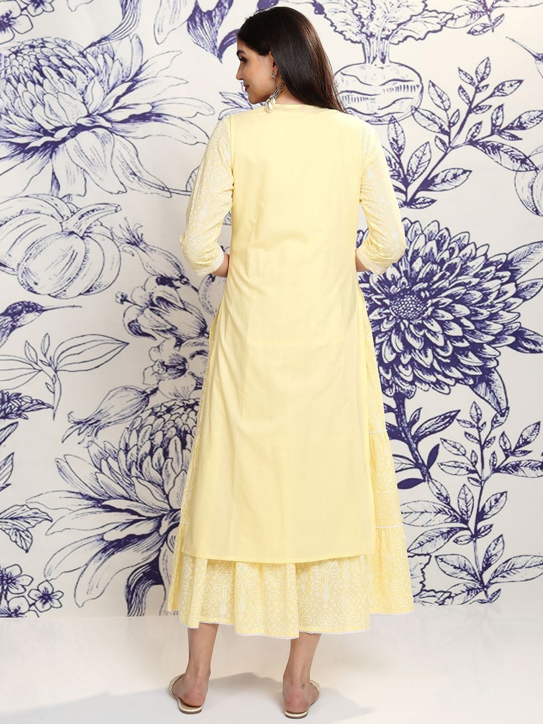 Vishudh Yellow Floral Embroidered Tiered Cotton Midi Fit & Flare Dress With Shrug