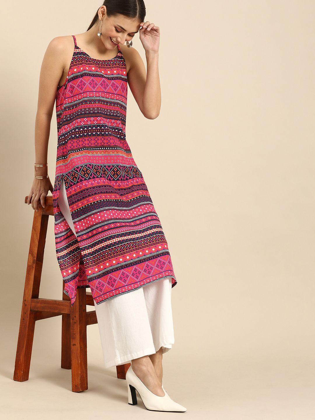 Anouk Women Pink & Navy Blue Striped Kurta