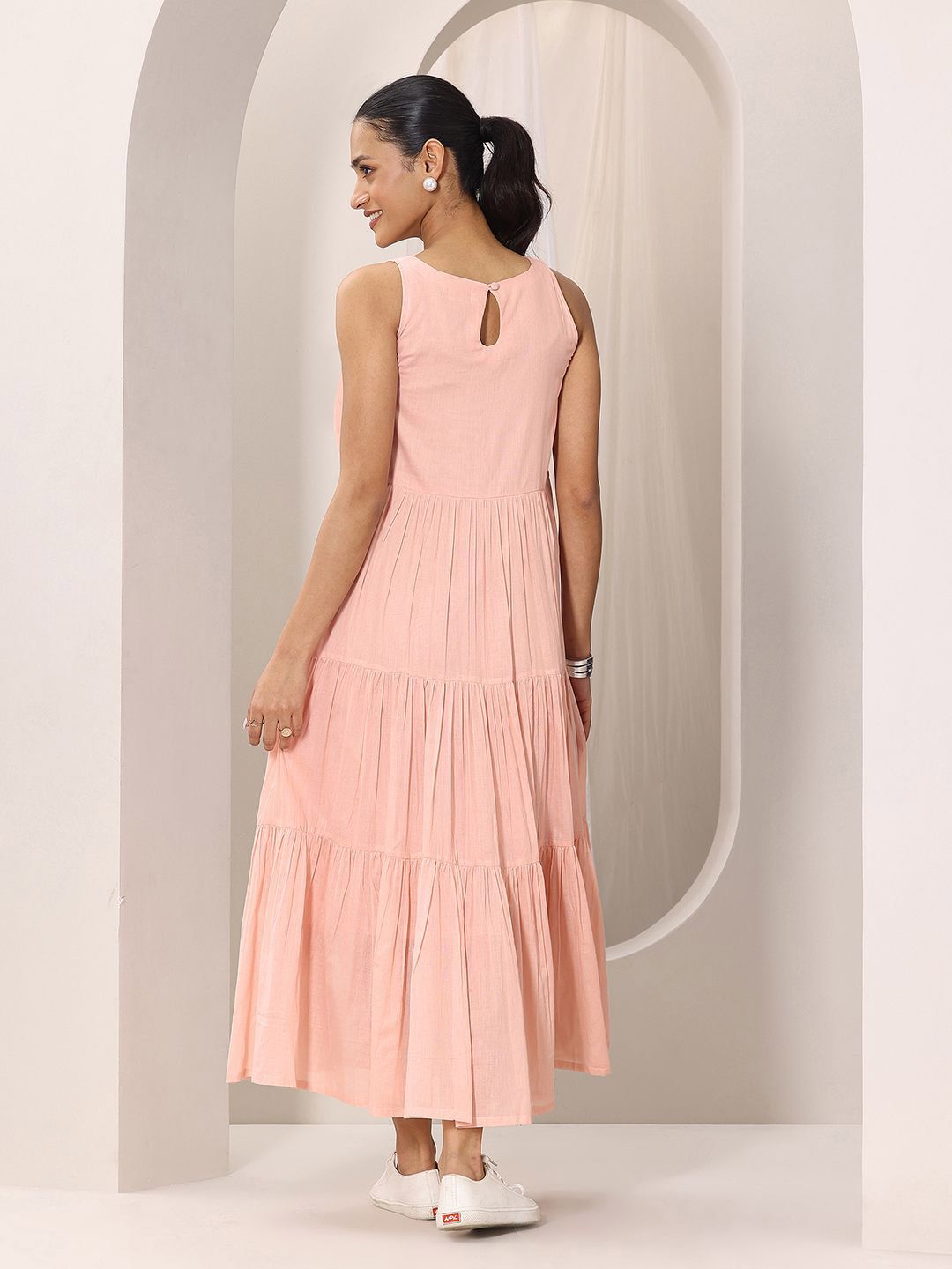 Libas Women Peach Boat Neck Fit & Flare Tiered Midi Dress