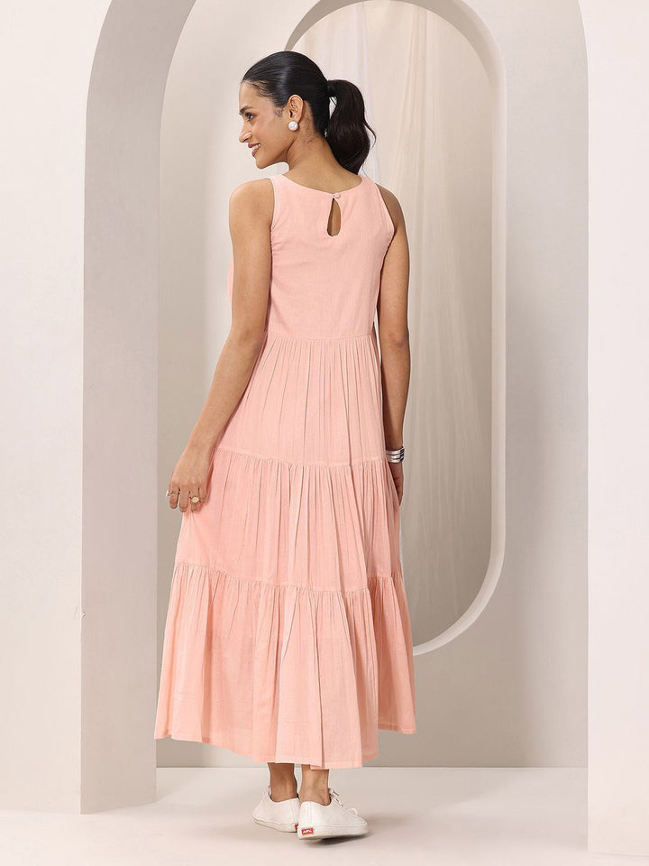 Libas Women Peach Boat Neck Fit & Flare Tiered Midi Dress