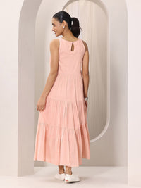 Libas Women Peach Boat Neck Fit & Flare Tiered Midi Dress