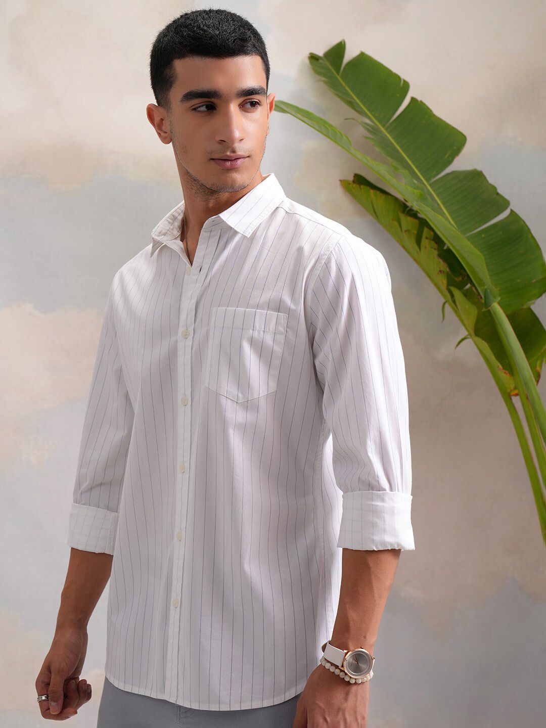 HIGHLANDER Classic White Slim Fit Vertical Striped Spread Collar Cotton Casual Shirt