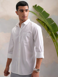 HIGHLANDER Classic White Slim Fit Vertical Striped Spread Collar Cotton Casual Shirt