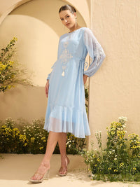 Antheaa Women Bishop Sleeve embroidered Chiffon A-Line Midi Dress