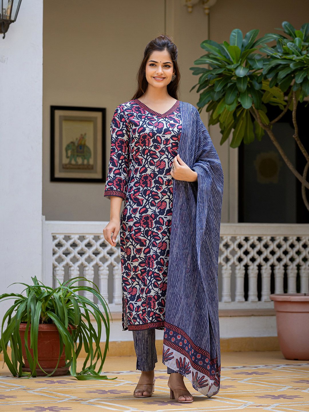 KALINI Floral Printed V Neck Straight Kurta With Trousers & Dupatta