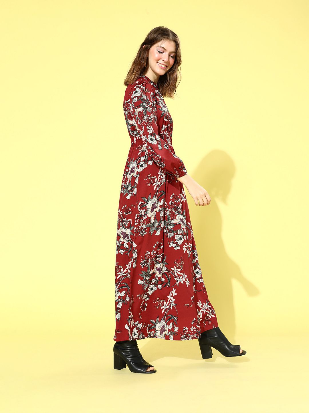 Pakaian Berrylush Wanita Menawan Maroon Floral Puff Sleeves