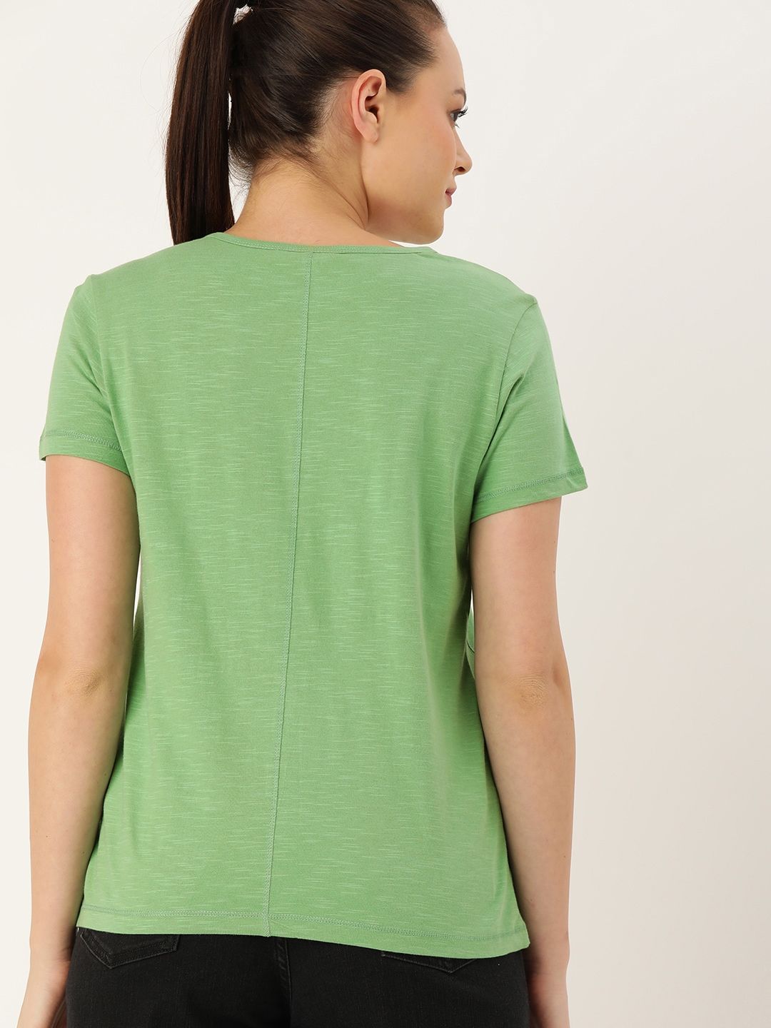 DressBerry Women Sea Green Solid Round Neck Pure Cotton T-shirt