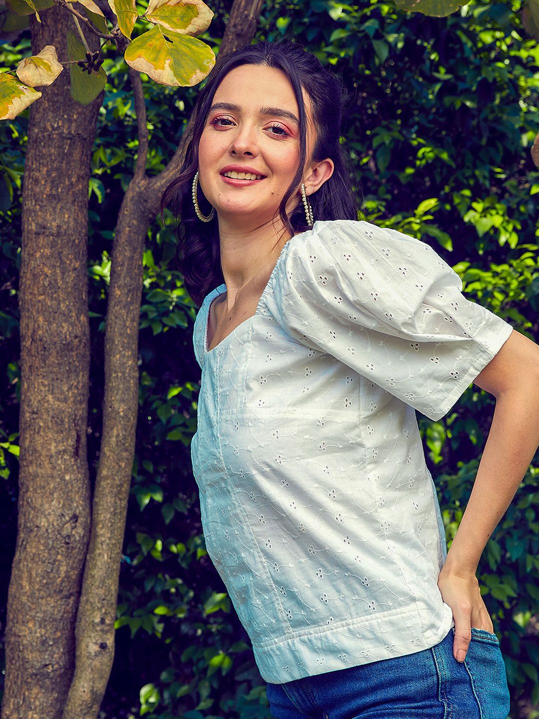 SASSAFRAS White Self Design Square Neck Puff Sleeves Pure Cotton Schiffli Top