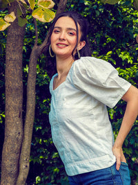 SASSAFRAS White Self Design Square Neck Puff Sleeves Pure Cotton Schiffli Top