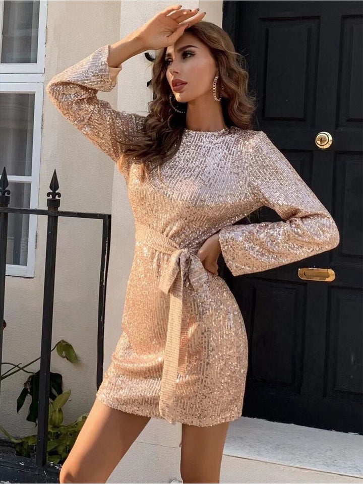 all about you Embellished Round Neck Full Sleeves Mini Sheath Dress