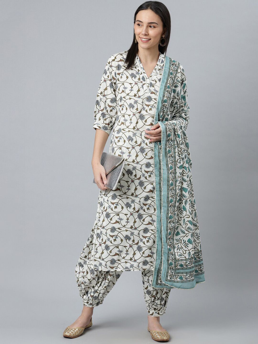 Libas Women White Floral Printed Pure Cotton Kurta with Salwar & With Dupatta