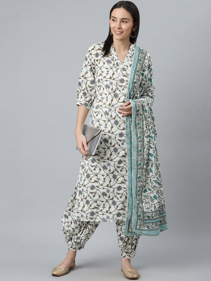 Libas Women White Floral Printed Pure Cotton Kurta with Salwar & With Dupatta