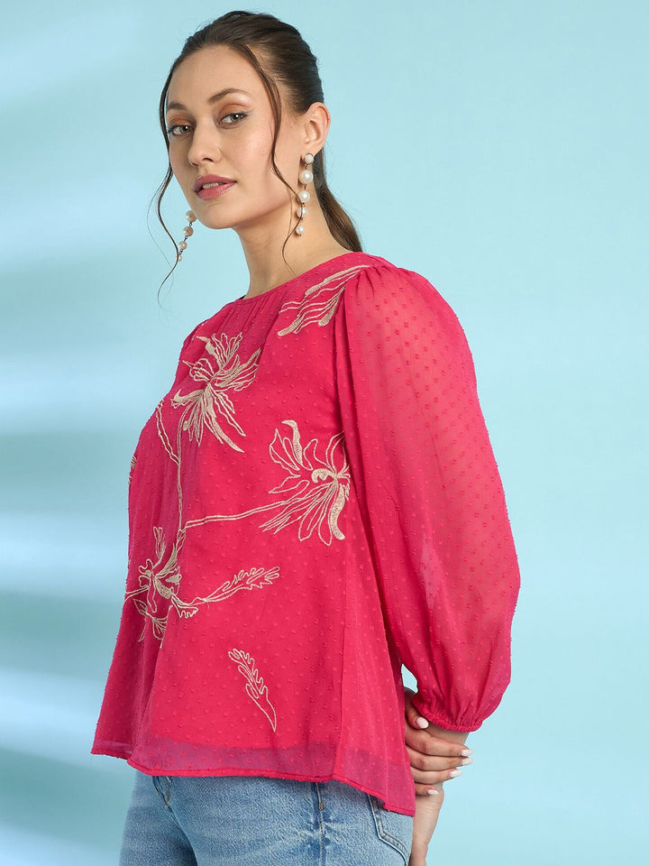 Antheaa Floral Embroidered Chiffon Top