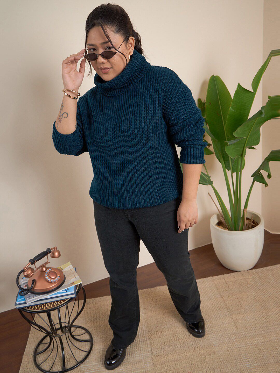 CURVY STREET Plus Size Ribbed Turtle Neck Acrylic Pullover